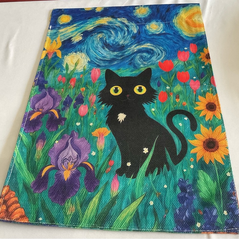 Starry Nights Black Cat Floral Canvas Garden Flag with vibrant blue and green